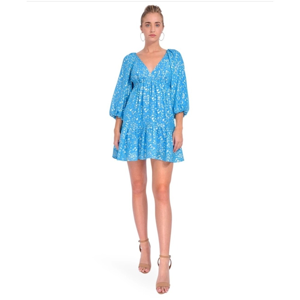 Delfi Collective Roxy Mini Dress in Blue Gold Silk V-Neck Puff Sleeve Med